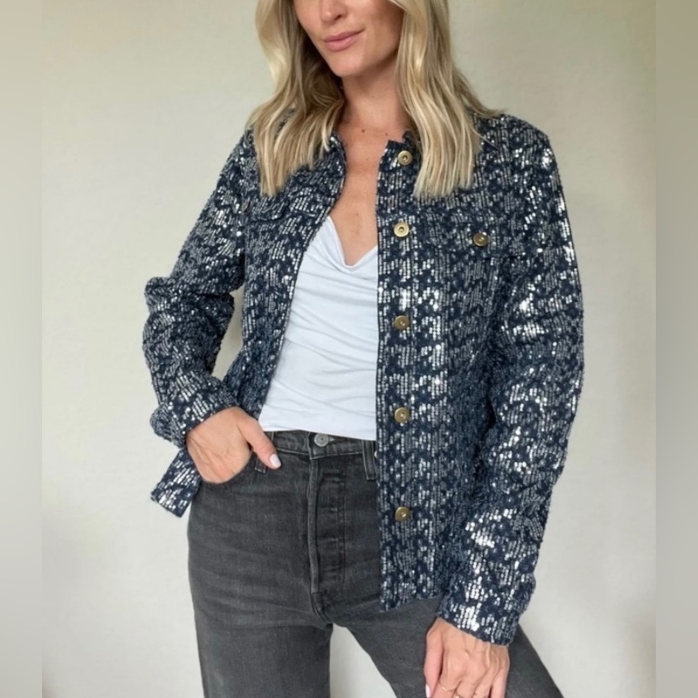 NWT! Navy & Silver Sequined Distressed Denim Jacket